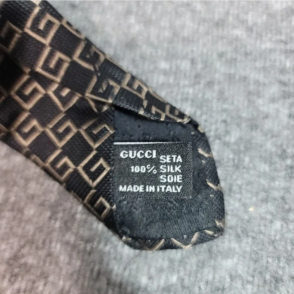 Vtg 90's Gucci G Logo Back And Tan Allover Pattern Print 100% Silk Tie